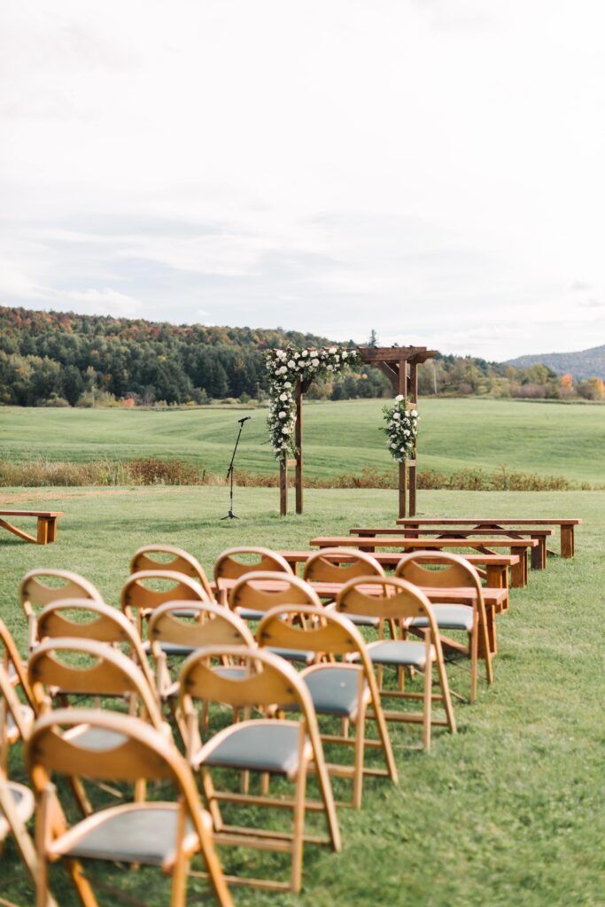 wedding arbor and chairs at the  vermont swiss and bloom farm, vermont wedding venues 