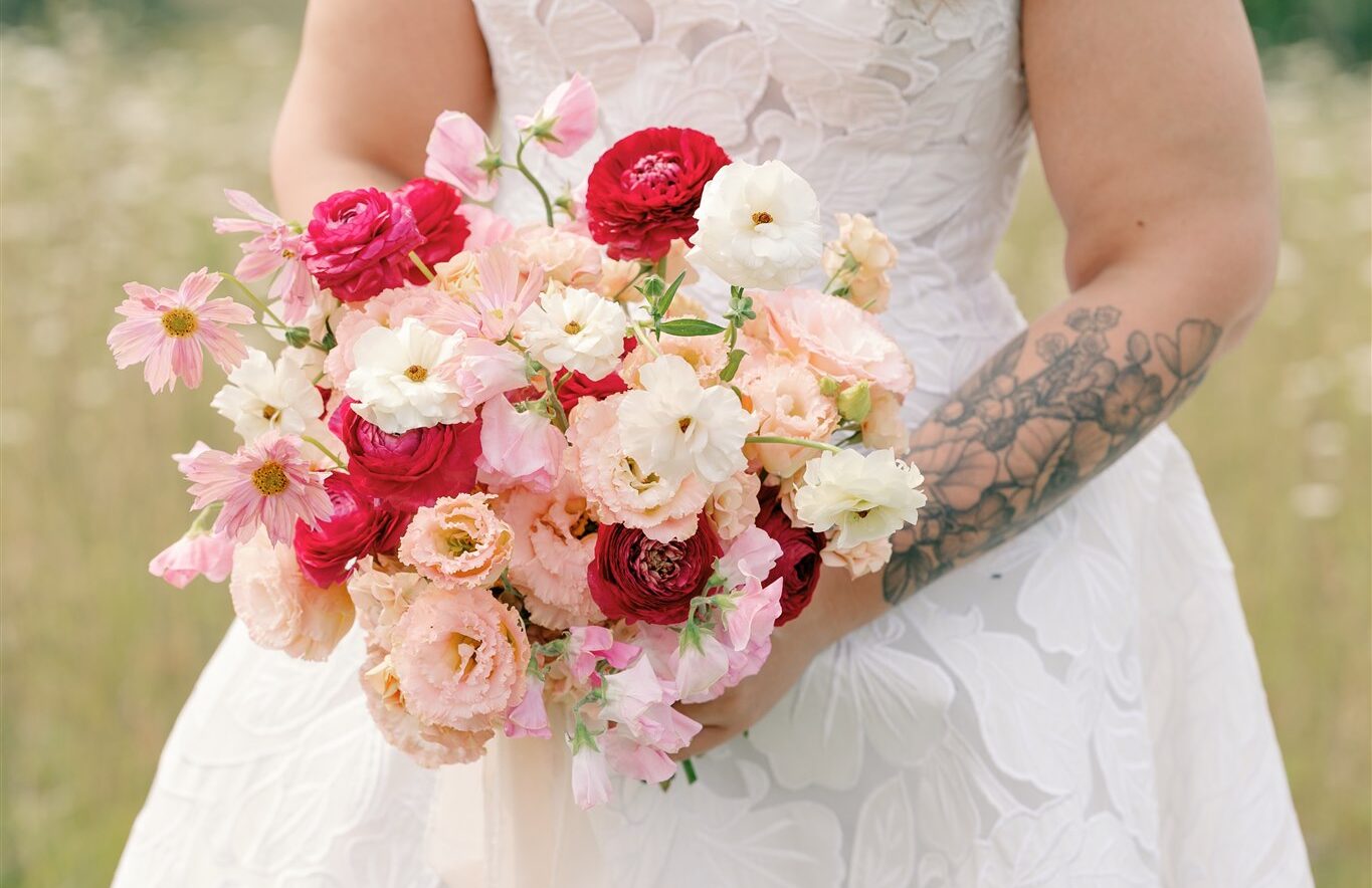 Bridal Bouquet featuring different shades of pink and romantic florals.